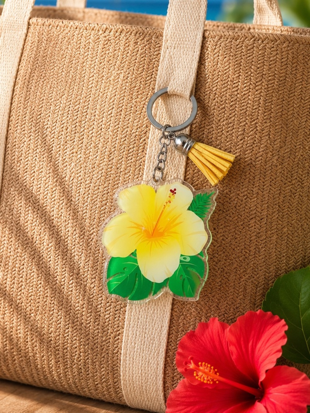 🌸 Yellow Hibiscus Tassel Keychain / Bag Charm